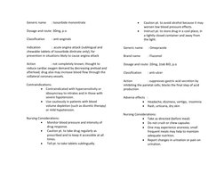 Generic name       : Isosorbide mononitrate 
 
 
Dosage and route: 30mg, p.o 
 
Classification         : anti-anginals 
 
Ind
