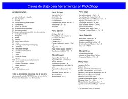 Claves de atajo para herramientas en PhotoShop 
 
A   selección directa y trazado  
B    pincel y lápiz  
c     recortar  
D