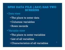 SPSS DATA FILE (.SAV) HAS TWO 
SCREENS
• Data view
• The place to enter data
• Columns: variables
• Rows: records
• Variable