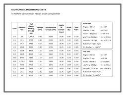 GEOTECHNICAL ENGINEERING LAB # 9 
To Perform Consolidation Test on Given Soil Specimen 
  
 
 
Load 
Pressure  
kPa 
Dial