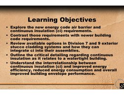 Learning Objectives
• Explore the new energy code air barrier and 
continuous insulation (ci) requirements.
• Contrast those