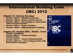 International Building Code 
(IBC) 2012
Chapter 14 - Exterior Envelope
•
Section 1403.2 – Weather protection
•
Section 1404.2