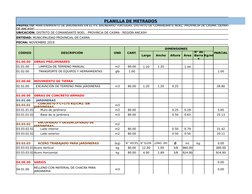 PLANILLA DE METRADOS
CÓDIGO
DESCRIPCIÓN
UND
CANT.
DIMENSIONES
PARCIAL
Largo
Ancho
Altura
Área
Kg/ml
01.00.00
OBRAS PRELIMINAR