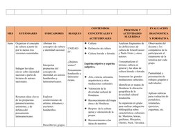 MES
ESTÁNDARES
INDICADORES
BLOQUES
CONTENIDOS
CONCEPTUALES Y
ACTITUDINALES
PROCESOS Y
ACTIVIDADES
SUGERIDAS
EVALUACIÓN
DIAGNO