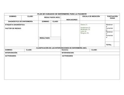 PLAN DE CUIDADOS DE ENFERMERÍA PARA LA PACIENTE
DOMINIO:
CLASE:  
RESULTADOS (NOC)
INDICADORES
ESCALA DE MEDICIÓN
PUNTUACIÓN