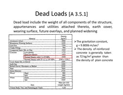 Dead Loads [A 3.5.1]
Dead load include the weight of all components of the structure,
appurtenances and utilities attached th
