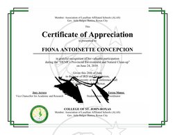 Member: Association of Lasallian Affiliated Schools (ALAS)
Gov. Atila Balgos Banica, Roxas City
This
Certificate of Appreciat