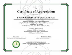 This
Certificate of Appreciation
is presented to
FIONA ANTOINETTE CONCEPCION
 
in grateful recognition of her commendable hos
