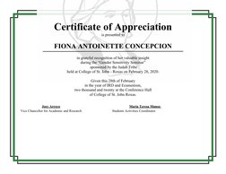 Certificate of Appreciation
is presented to
FIONA ANTOINETTE CONCEPCION
 
in grateful recognition of her valuable insight 
du