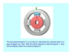 The top electromagnet (1) is turned on, attracting the nearest teeth of a 
gear-shaped iron rotor. With the teeth aligned to