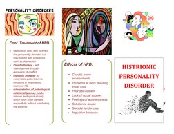 Cont. Treatment of HPD

Medication does little to affect 
the personality disorder, but 
may helpful with symptoms 
such as