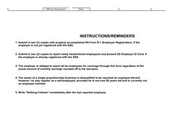 Official Designation
Date
INSTRUCTIONS/REMINDERS
          1. Submit in two (2) copies with properly accomplished SS Form R-1