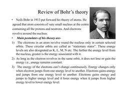 Review of Bohr’s theory 
•
Neils Bohr in 1913 put forward his theory of atoms. He 
 agreed that atom consists of very small n