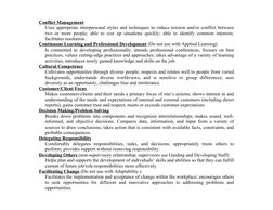 Conflict Management
Uses appropriate interpersonal styles and techniques to reduce tension and/or conflict between
two or mor