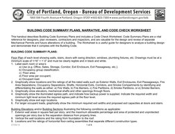 BUILDING CODE SUMMARY PLANS, NARRATIVE, AND CODE CHECK WORKSHEET
This handout describes Building Code Summary Plans and inclu