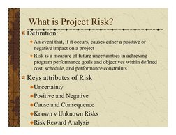 What is Project Risk?
Definition:
An event that, if it occurs, causes either a positive or 
negative impact on a project
Risk