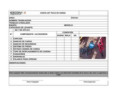 CHECK LIST TECLE DE CARGA
AREA:
FECHA:
NOMBRE TRABAJADOR:
TRABAJO A REALIZAR:
EQUIPO:
MODELO:
CAP