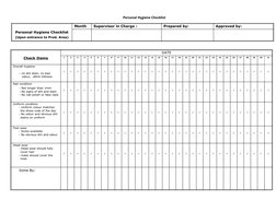 Personal Hygiene Checklist
Personal Hygiene Checklist
(Upon entrance to Prod. Area)
Month
Supervisor in Charge :  
Prepared b