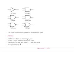 • This figure illustrates the symbols of different logic gates.
1. NOT Gate:
• NOT Gate is the most simple logic gate. 
• It