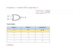 • It produces ‘1’ in output if NOT a single input is 1.
Logic Notation: X = A NOR B
Boolean Algebra X =
Truth Table:
6. XOR G