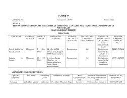 FORM 49
Company No:
Companies Act 1965 
 Section 141(6)
RETURN GIVING PARTICULARS IN REGISTER OF DIRECTORS, MANAGERS AND SECR