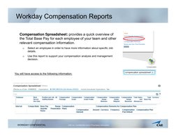 Workday Compensation Reports
Compensation Spreadsheet: provides a quick overview of 
the Total Base Pay for each employee of