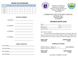 REPORT ON ATTENDANCE
TEACHER’S COMMENT
      1stQUARTER       _______________________________
    
        _________________