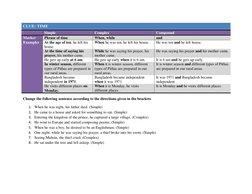 CLUE: TIME 
 
Simple 
Complex 
Compound 
Marker 
Phrase of time 
When, while 
and 
Examples 
At the age of ten, he left his