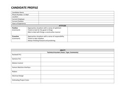 CANDIDATE PROFILE  
Candidate Name
Phone Number / E-Mail
Location
Current Employer
Current Position
Years of Experience 
ATTI