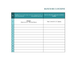 BANCO DE CANCIONES
No.
1
https://youtu.be/A_41_4qgmig
2
3
4
5
6
7
8
9
10
11
12
Canción (Ten en cuenta elegir canciones congre