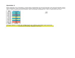 Questão 3
Mês
Produção
Jan-09
1,301
398
Feb-09
566
1050
Mar-09
1,281
Apr-09
109
May-09
1,180
Jun-09
495
Jul-09
333
Aug-09
1,4