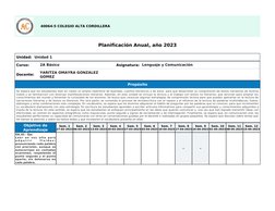 40064-5 COLEGIO ALTA CORDILLERA
Planificación Anual, año 2023
Unidad: Unidad 1
Curso:
2A Básico
Asignatura: Lenguaje y Comuni