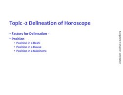 Bangalore III Chapter- Delineation
Topic -2 Delineation of Horoscope
• Factors for Delineation –
• Position
• Position in a R