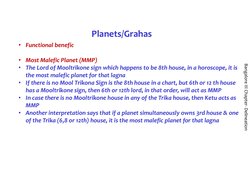 Bangalore III Chapter- Delineation
Planets/Grahas
• Functional benefic
• Most Malefic Planet (MMP)
• The Lord of Mooltrikone