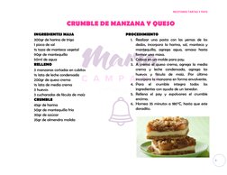 CRUMBLE
INGREDIENTES MASA 
300gr de harina de trigo 
1 pizca de sal 
½ taza de manteca vegetal 
90gr de mantequilla 
50ml d