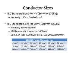 Conductor Sizes
• IEC Standard sizes for HV (36<Vm<170kV):
– Normally  150mm2 to 800mm2
• IEC Standard Sizes for EHV (170<Vm<