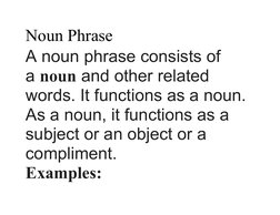 Noun Phrase
A noun phrase consists of 
a noun and other related 
words. It functions as a noun. 
As a noun, it functions as a