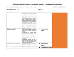 PRIORIZACION CONTENIDOS Y PDA ANUAL SABERES Y PENSAMIENTO CIENTIFICO
NOMBRE DEL PROFESOR (A):      CARMEN HERNANDEZ  E HILDA