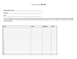 Method Statement Briefing Record
Briefing delivered by: ______________________________________________
Position: ____________