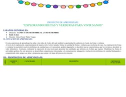 PROYECTO DE APRENDIZAJE:
“EXPLORANDO FRUTAS Y VERDURAS PARA VIVIR SANOS” 
I.-DATOS GENERALES: 

Duración:   LUNES 11  DE SET