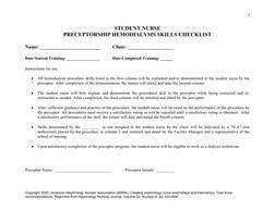 1
STUDENT NURSE
PRECEPTORSHIP HEMODIALYSIS SKILLS CHECKLIST
Name: _________________________
Clinic: ___________________
Date
