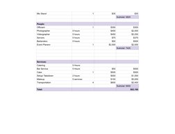 Mic Stand
1
$35
$35
Subtotal: 5825
People:
Officiant
1
$300
$300
Photographer
5 hours
$400
$2,000
Videographer
5 hours
$450
$