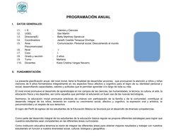 PROGRAMACIÓN ANUAL 
 
I.
DATOS GENERALES:
I.1.
I. E.
:      Valores y Ciencias
I.2.
UGEL
:      San Martín
I.3.