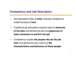 7
Competency and Job Description
Competency and Job Description
•
Job description looks at what, whereas competency 
model fo
