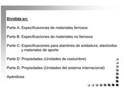Dividida en:
Parte A: Especificaciones de materiales ferrosos
Parte B: Especificaciones de materiales no ferrosos
Parte C: Es