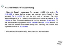 Accrual Basis of Accounting
• Adam-Art Supply recognizes for
January 20XX, the entire Rs
1,40,000 of sales during January as