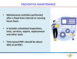 PREVENTIVE MAINTENANCE
•
Maintenance activities performed 
after a fixed time interval or running 
hours basis.
•
It includes