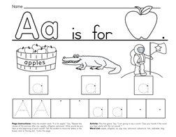 1
Page Instructions: Help the student read, “A is for apple.” Say, ”Repeat the 
names of the pictures after me: apples, a