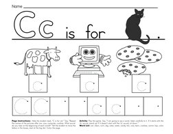 7
.
Page Instructions:  Help the student read, “C is for cat.” Say, ”Repeat 
the names of the pictures after me: cow, com