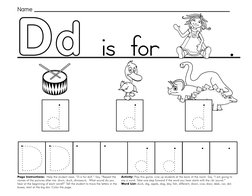 9
.
Page Instructions:  Help the student read, “D is for doll.” Say, ”Repeat the 
names of the pictures after me: drum, d